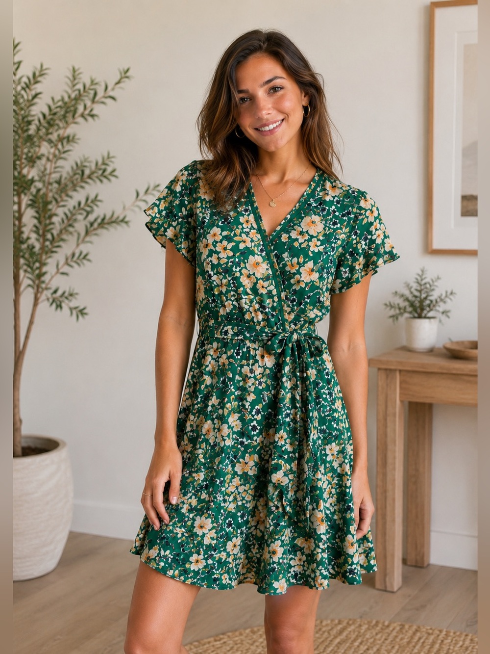 Sienna Sky Green Floral Faux Wrap Dress XS Spring Easter Wedding Guest